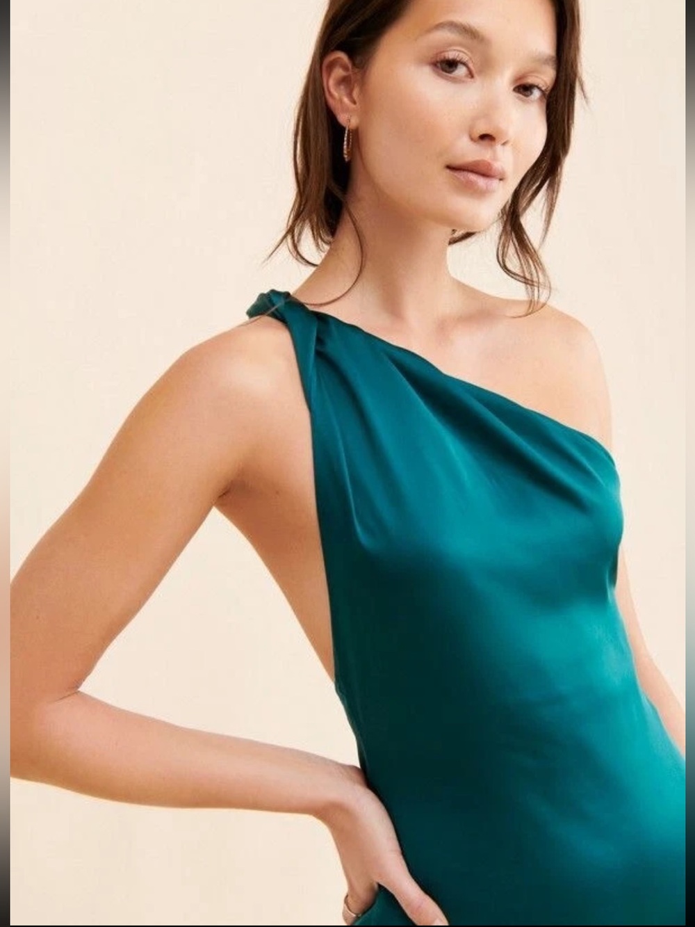 Free People Teal One-Shoulder Satin Maxi Dress with Front Slit - Picture 3 of 8